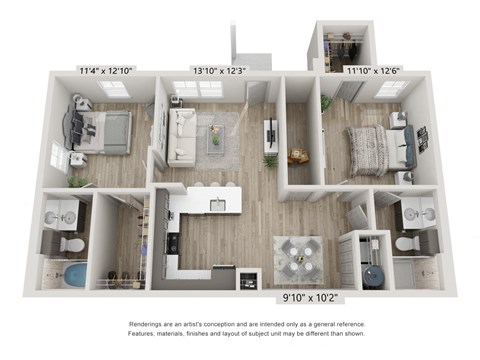 Floor plan for 2 beds, 2 baths, 1045 sqft